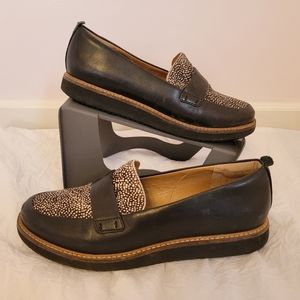 Clarks loafers size 9 black with cow hair patterned tops